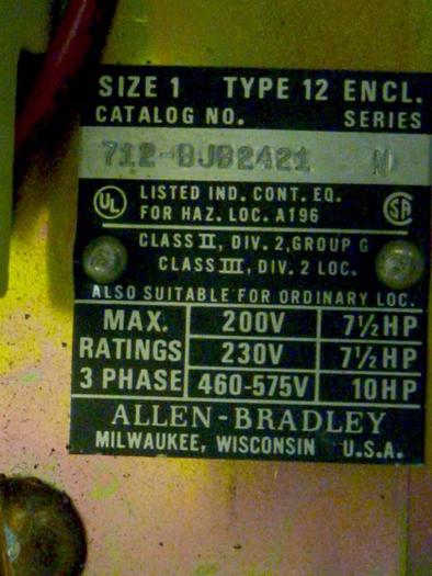 Used ALLEN BRADLEY Combination Starter Size 1 712-BJB2421 SER N #61969