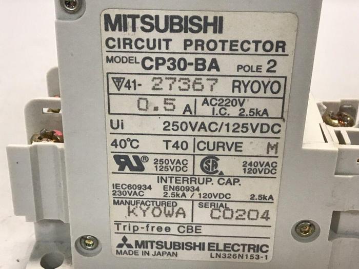 Used MITSUBISHI 0.5 Amp Circuit Protector CP30-BA-2P-0.5A #103612