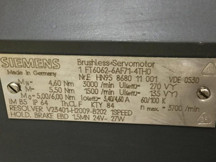 Used SIEMENS Brushless Servo Motor 1FT6062-6AF71-4TH0 Used