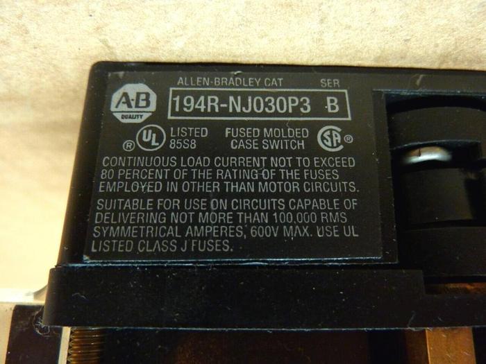 Used ALLEN BRADLEY 30 Amp Disconnect Switch 194R-NJ030P3 SER B #24220