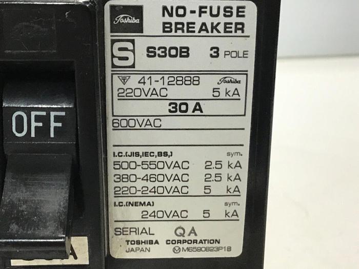 Used TOSHIBA 30 Amp Circuit Breaker S30B-3P-30A #119763