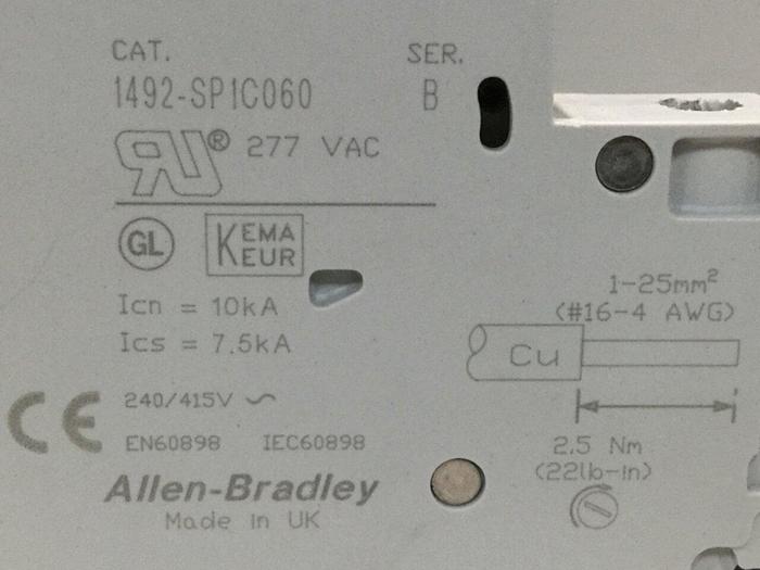 Used ALLEN BRADLEY 6 Amp Circuit Breaker 1492-SP1C060 SER B #103996