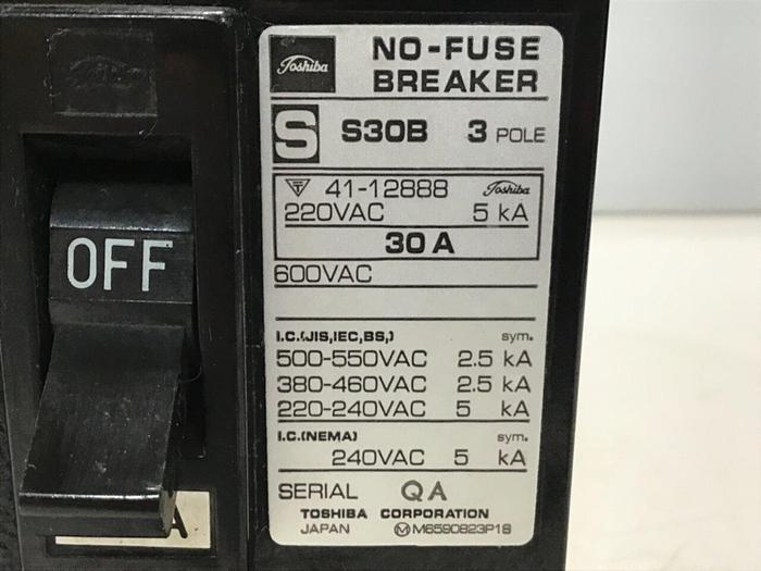 Used TOSHIBA 30 Amp Circuit Breaker S30B-3P-30A #119765