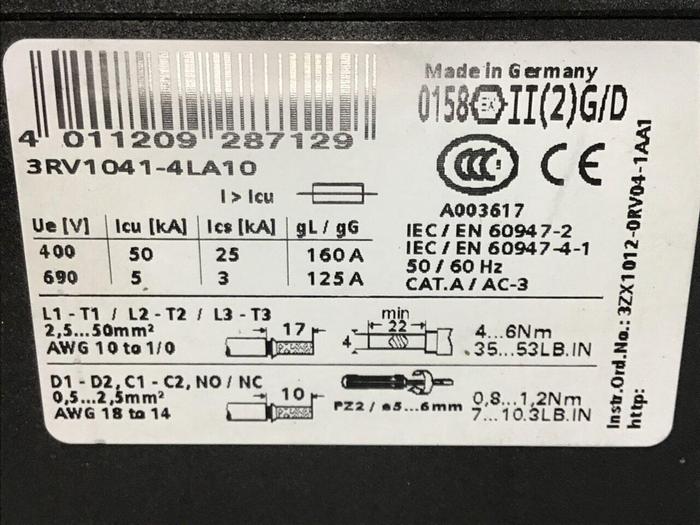Used SIEMENS Circuit Breaker Motor Protector 3RV1041-4LA10 #137007