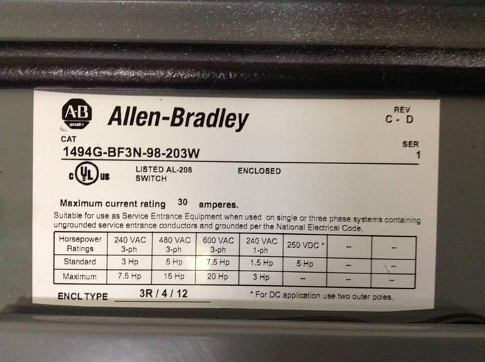 Used ALLEN BRADLEY Disconnect Safety Switch 1494G-BF3N-98-203W SER 1 #74870