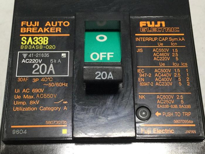 Used FUJI ELECTRIC 20 Amp Auto Circuit Breaker SA33B-20 #109109