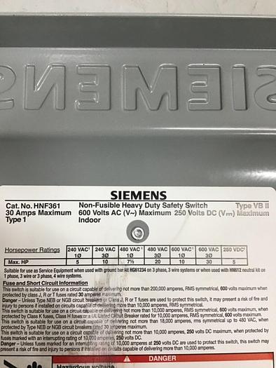 Used SIEMENS 30 Amp Safety Disconnect Switch HNF361 VBII #124082