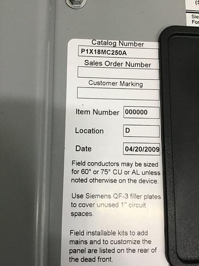 Used SIEMENS 250 Amp Breaker Box P1X18MC250A #137026