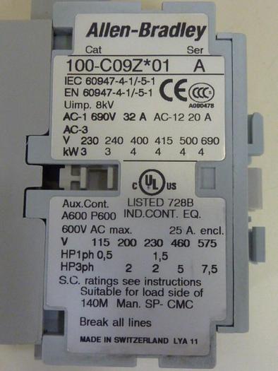 Used ALLEN BRADLEY Contactor 100-C09Z.01 SER A #63621