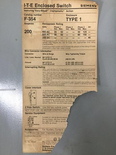 Used SIEMENS Safety Disconnect Switch F-354 #108267