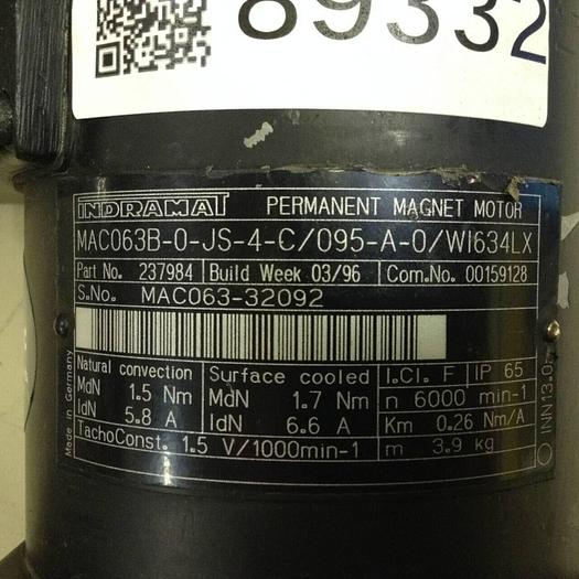 Used INDRAMAT Permanent Magnet Motor MAC063B-0-JS-4-C/095-A-0/WI634LX Used