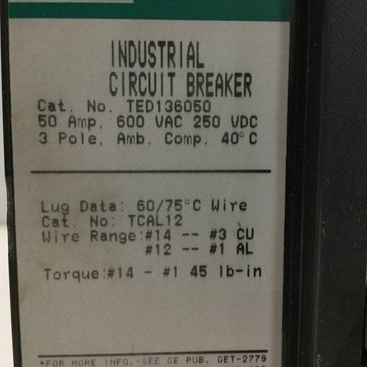 Used GE 50 Amp Circuit Breaker TED136050 #93854