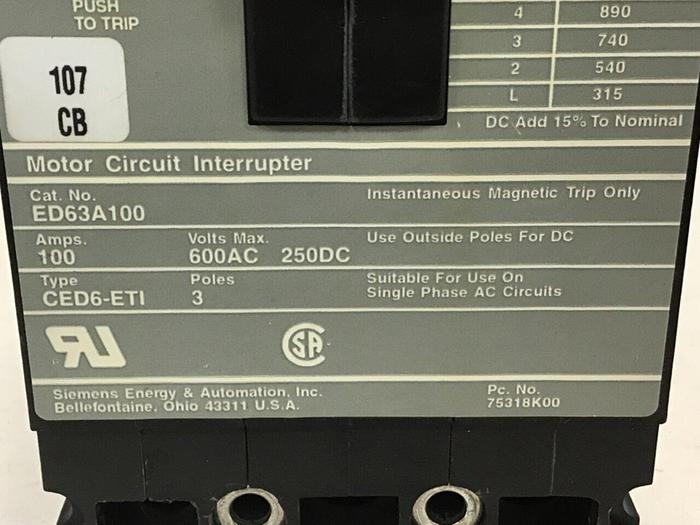 Used SIEMENS 100 Amp Circuit Breaker ED63A100 USED