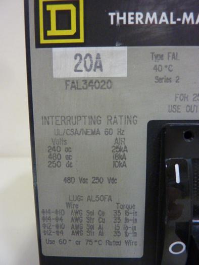 Used SQUARE D 20 Amp Circuit Breaker FAL34020 #46645
