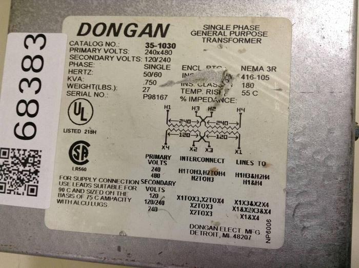 Used DONGAN .750 kVA Transformer 35-1030 #68383
