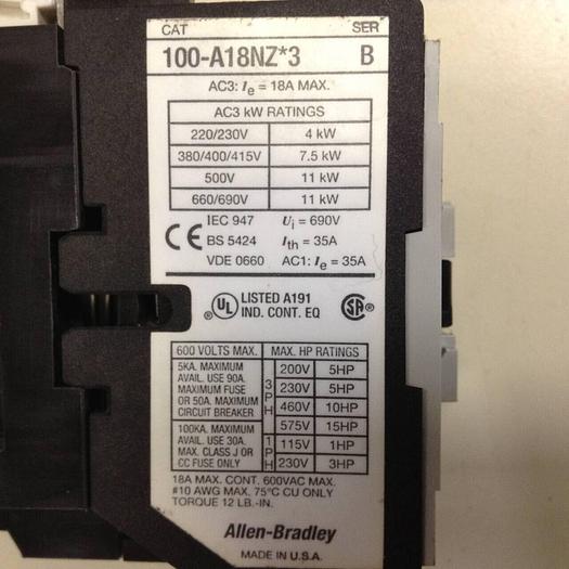 Used ALLEN BRADLEY Contactor 100-A18NZ.3 SER B #87095