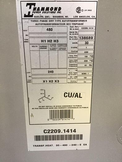 Used HAMMOND 30 kVA Autotransformer 138689 #138293