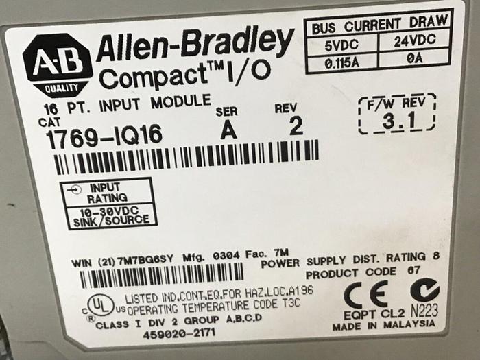 Used ALLEN BRADLEY Input Module 1769-IQ16 SER A Used