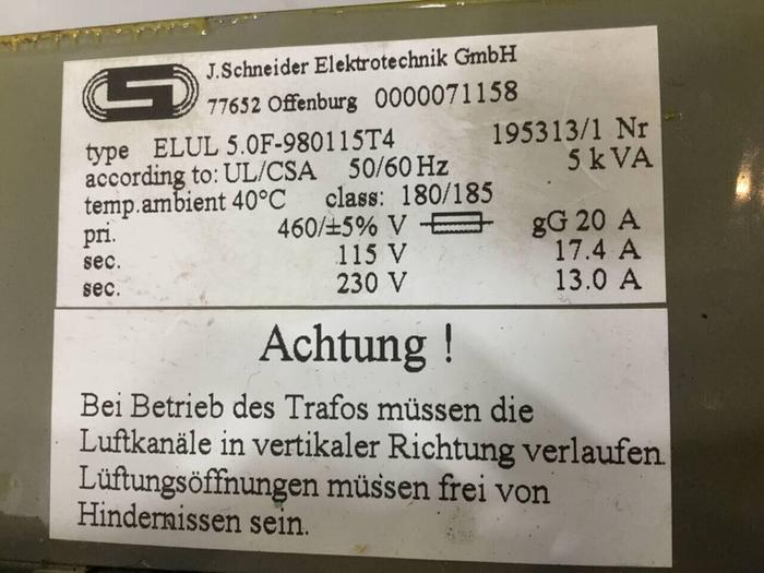 Used J SCHNEIDER 5 kVA Transformer ELUL 5.0F-980115T4 #91359