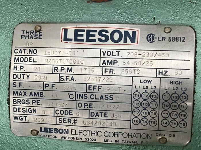 Used LEESON ELECTRIC CO 20 HP Motor N256T17DC1C #138386