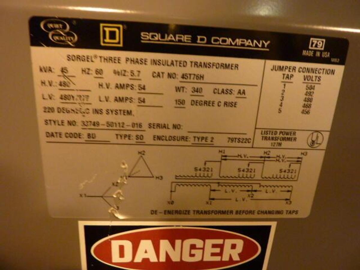 Used SQUARE D Transformer 45T76H 45 KVA USED #28922