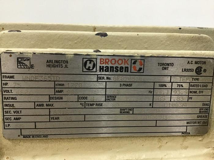 Used BROOK HANSEN 75 HP Motor 3229219W-98 Used