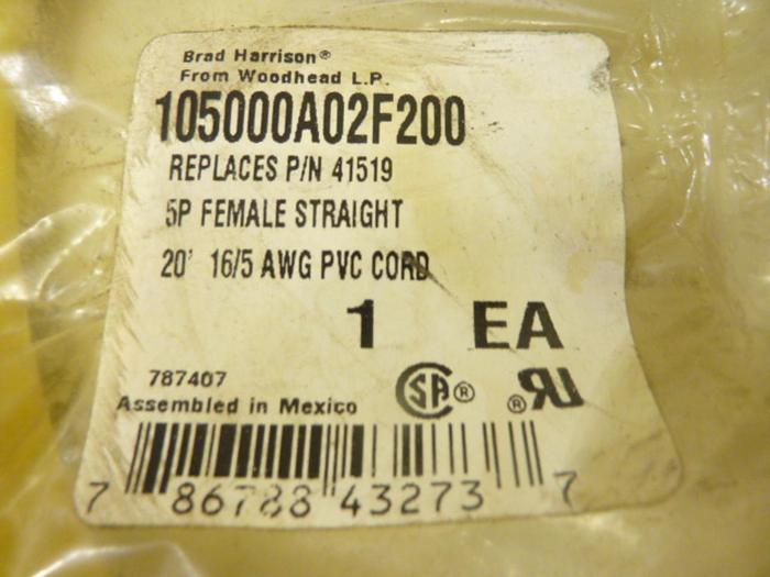 HARRISON / WOODHEAD Cordset Cable 105000A02F200 #43414