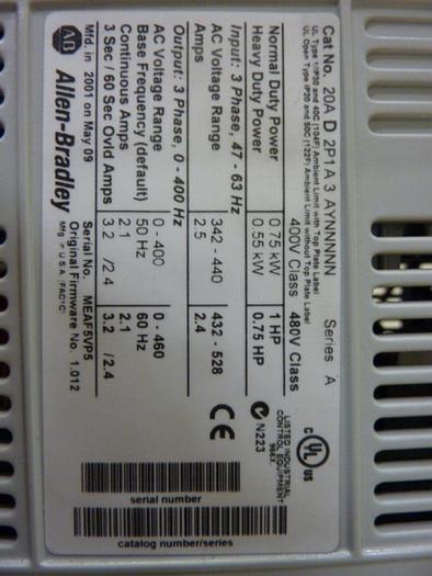 Used ALLEN BRADLEY AC Drive 20AD2P1A3AYNNNNN SER A #53771