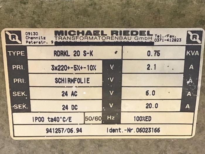 Used MICHAEL RIEDEL 0.75 kVA Transformer RDRKL 20 S-K #127920