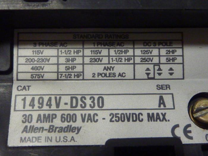 Used ALLEN BRADLEY 30 Amp Disconnect Switch 1494V-DS30 SER A #57389