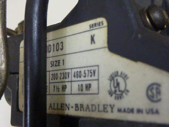 Used ALLEN BRADLEY Motor Starter Size 1 709-BOD103 SER K #46780