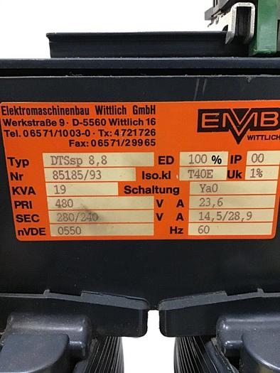Used EMB WITTLICH 19 kVA Transformer 85185/93 19 #123175