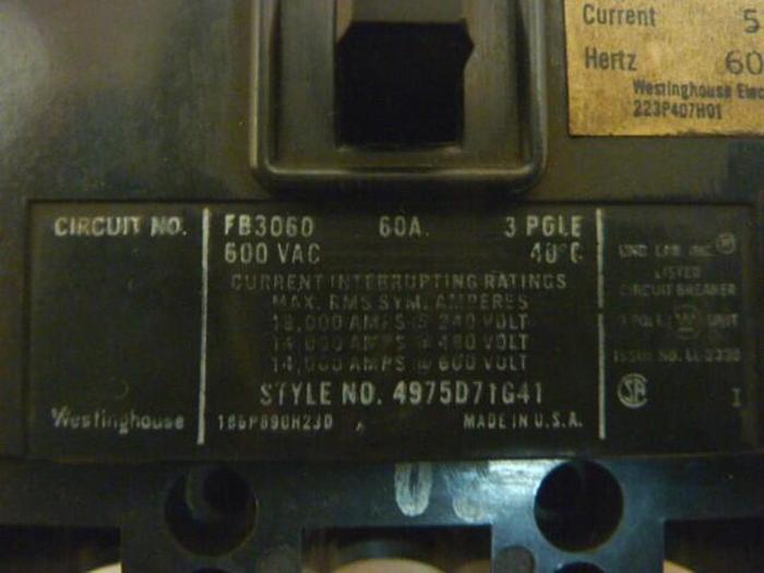 Used WESTINGHOUSE 60 Amp Circuit Breaker FB3060 #28455