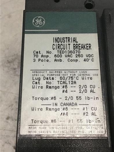 Used GE 70 Amp Circuit Breaker TED136070 / DISCONNECT USED