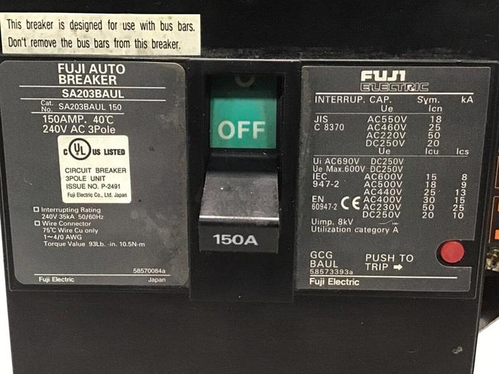 Used FUJI ELECTRIC Circuit Breaker 150 Amp SA203BAUL150 Used
