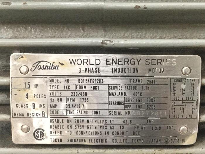 Used TOSHIBA 15 HP Induction Motor B0154FGF2U3 Used