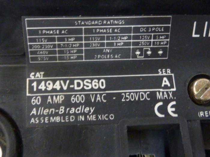 Used ALLEN BRADLEY 60 Amp Disconnect Switch 1494V-DS60 SER A #57443