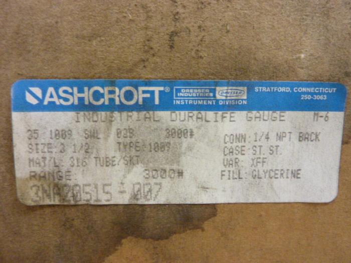 ASHCROFT Industrial Duralife Gauge 351009 SWL 02B 3000# #56190