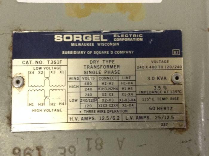 Used SQUARE D 3 kVA Dry Type Transformer 3S1F #84140