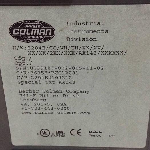 Used BARBER COLMAN Temperature Controller 2204E/CC/VH/TH/XX/XX/XX/XX/2XX #86357