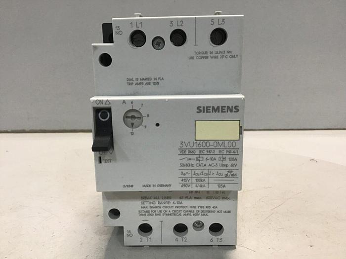 Used SIEMENS Motor Protection Circuit Breaker 3VU1600-0ML00 #129547