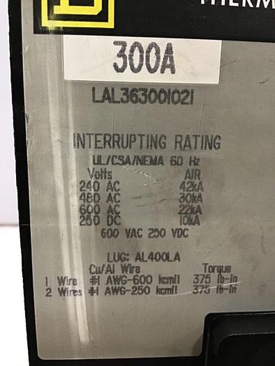 Used SQUARE D 300 Amp Circuit Breaker LAL363001021 Used