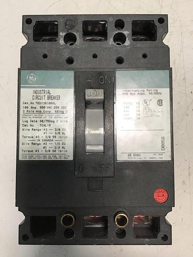 Used GE 100 Amp Circuit Breaker TED136100XL / DISCONNECT Used
