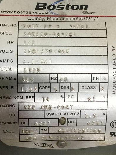 Used BOSTON 1/2 HP Gearmotor FUTF-8P-8 79067 Used