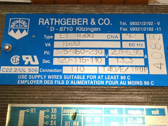 Used RATHGEBER 1600 VA Transformer ET1600 #107897
