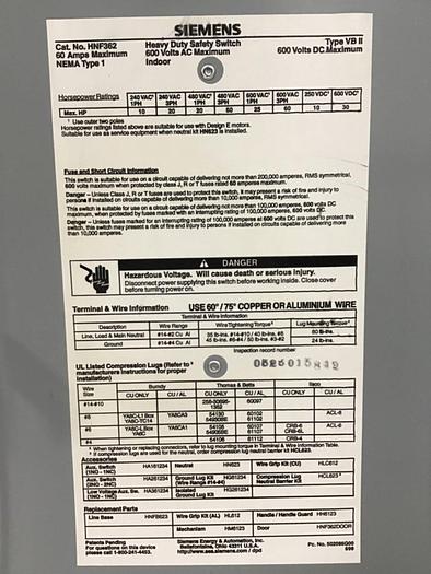 Used SIEMENS Heavy Duty Safety Disconnect Switch HNF362 #130229