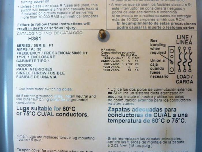 Used SQUARE D 30 Amp Safety Disconnect Switch H361 E1 Used