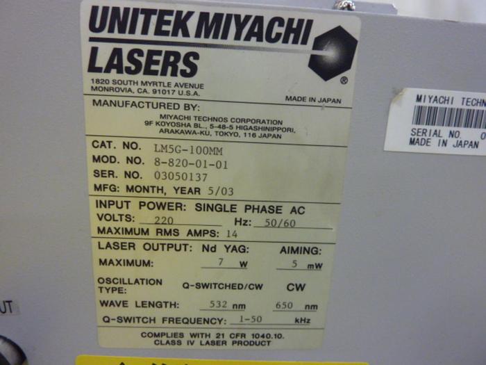 Used UNITEK MIYACHI Laser Chiller 8-820-01-01 #65873