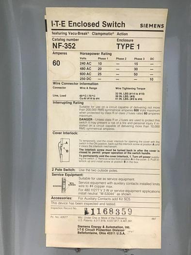 Used SIEMENS Safety Disconnect Switch NF352 #130001