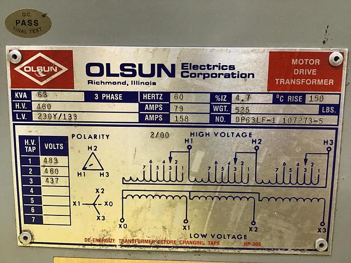 Used OLSUN 63 KVA Transformer DP63LF-1 107273-5 Used #145632
